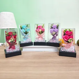 Eternal rose artificial flower bouquet in clear acrylic gift box with led lights for home decor