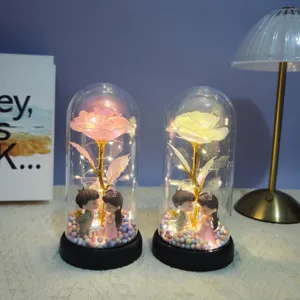 Eternal rose glass dome night light with couple figurines and LED string lights for gift
