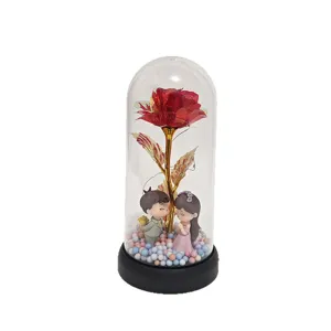 Preserved glass rose dome with couple figurine and led lights for romantic gifts home decor