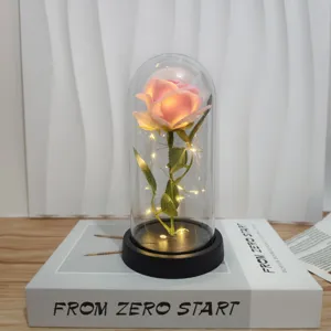 Primo piano lampada rosa cupola di vetro LED, dettaglio luce Notturna rosa romantica con luce calda.