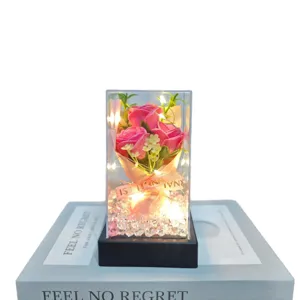 LED artificial rose flower bouquet gift box in transparent case for romantic home decoration