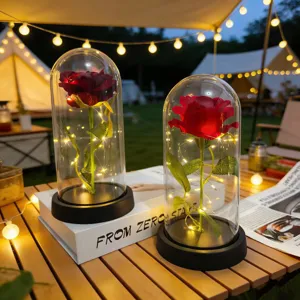 Luce notturna rosa rossa artificiale in cupola di vetro con luci LED per decorazione.