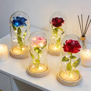Geconserveerde Bloem Roos Glazen Koepel LED Nachtlampje Kunstbloem Romantisch Cadeau Voor Valentijnsdag Huisdecoratie