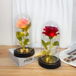 Dettaglio della lampada da notte con rosa eterna sotto cupola di vetro e luci LED luminose.