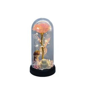 Ewige Rose Glas Kuppel Nachtlicht mit Lichterkette und süßer Mädchen Figur als Geschenk.