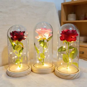 Glazen koepel roos licht kunstbloem romantisch cadeau LED nachtlampje decoratie mooi