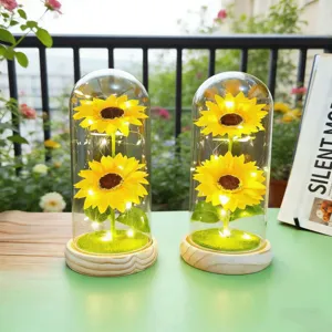 Sunflower Eternal Flower Glass Dome Night Light LED Fairy Lights Wooden Base Decor