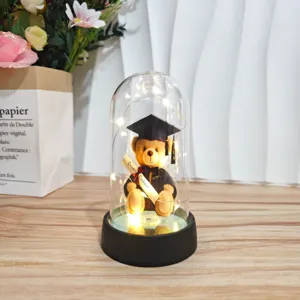 Graduation teddy bear inside an illuminated glass dome with warm fairy lights and diploma.