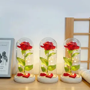 LED glass dome red rose flower gift light up romantic decor for valentine day mothers day present