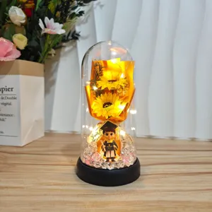 Graduation sunflower glass dome night light gift, led light flower bouquet ornament room decor.