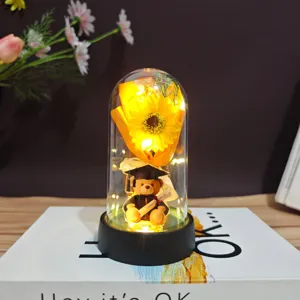 Graduation sunflower preserved flower night light LED glass dome with cute bear ornament.