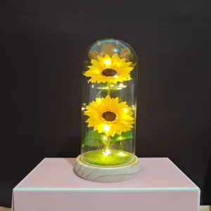 Sunflower glass dome night light romantic gift artificial flower bedroom decor lamp