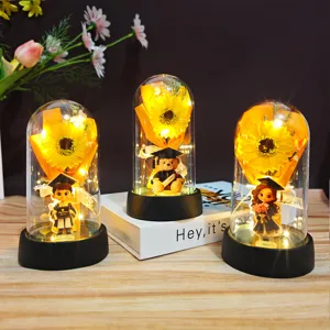 Graduation gift sunflower preserved flower night light with cute bachelors doll and led lights.