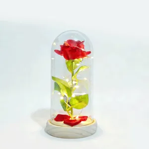 Enchanted red rose in glass dome with led fairy lights wooden base romantic gift for women