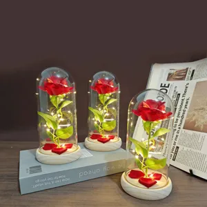 Glass dome preserved red rose with LED fairy lights, romantic gift for Valentine's Day.