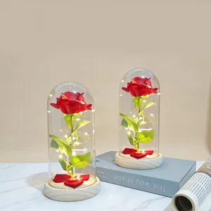 Glass dome rose light with LED fairy lights, romantic Valentine gift home decor ornament