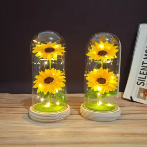 Sunflower glass dome night light warm LED fairy lights wooden base home decor gift