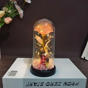 Gold foil rose eternal flower glass dome with mother and daughter figurine for romantic gifts.