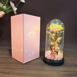 Preserved crystal rose flower glass dome with led lights and mother child figurine gift box