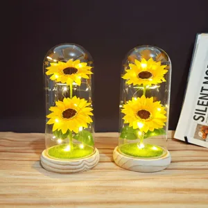 Sunflower Preserved Flower Night Light Glass Cover Ornament LED Copper Wire Fairy Lights Desk Decor Gift