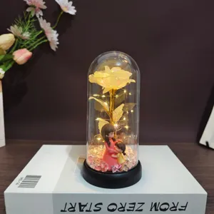 Gold foil rose eternal flower glass dome with mother child doll, perfect Mothers Day gift.
