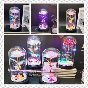 LED glass dome rose gift eternal flower gold foil rose light romantic valentine decor lamp