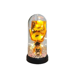 Graduation sunflower glass dome night light, cute cartoon student gift for friends and classmates.