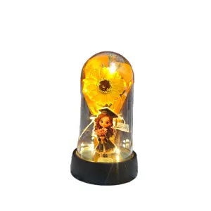 Graduation gift sunflower preserved flower night light with cute doll ornament room decor.