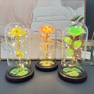 LED Glass Dome Rose Light Valentine Gift Artificial Gold Foil Flower Home Decor Table Ornament