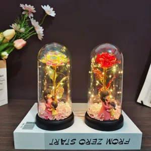 Eternal rose glass dome with mother and daughter figurine, LED light gift for mother day.