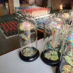 Gold foil rose in glass dome with LED fairy lights, romantic Valentine gift home decor detail