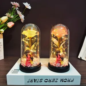 Gold Foil Rose Preserved Flower Glass Cover LED Light Ornament Mother Day Gift Home Decor Tabletop Display