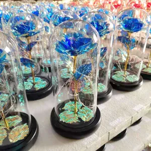 Blue foil rose in glass dome with led string lights for valentine gift home decor