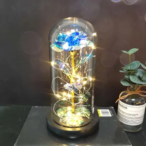 Detailed view of glowing blue artificial rose inside glass dome with warm fairy lights.