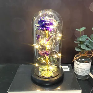 Detailed shot of an LED glass dome rose light with gold foil flower, romantic gift decor.