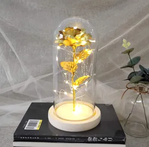 Gold foil rose in glass dome with led fairy lights, romantic gift for valentine day, birthday.