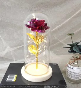 Gold foil rose glass dome light, romantic LED fairy lights for Valentine, birthday, decor.