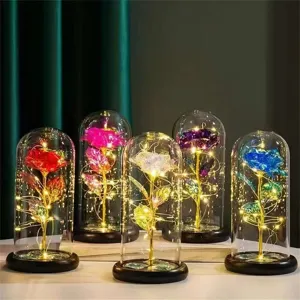Gold Foil Rose Glass Dome LED Light Artificial Flower Valentine Day Gift Home Table Decor Night Light Ornament