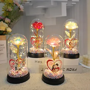 Veilleuse dôme en verre rose feuille d'or cadeau romantique pour la Saint-Valentin et anniversaire.