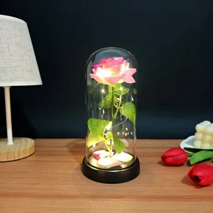 Rosa artificiale rosa in cupola di vetro con luci LED per regalo romantico casa