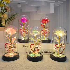 Veilleuse Couvercle en Verre Fleur Préservée Rose Feuille d'Or Cadeau de Décoration de Table Romantique pour Saint-Valentin Fête des Mères