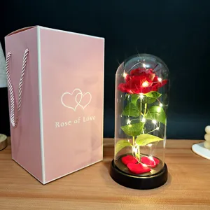 Fiore di rosa rossa coperta di vetro lampada LED luce notturna regalo romantico tavolo