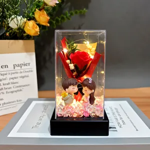 Ramo de flores de rosa de jabón preservado con lindas figuras de pareja en cúpula de vidrio LED.