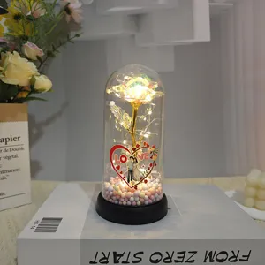 Veilleuse dôme en verre rose feuille d'or cadeau romantique pour anniversaire saint valentin