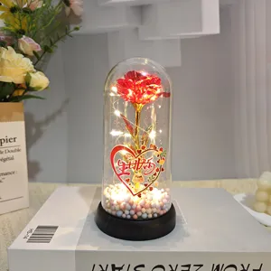 Gros plan de la veilleuse rose sous cloche en verre avec LED lumineuses et décor romantique.