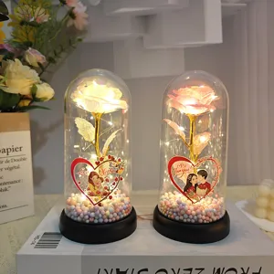 Veilleuse dôme en verre rose feuille d'or cadeau romantique pour maman anniversaire