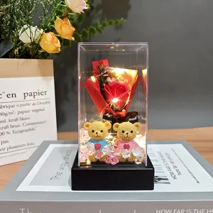 Hermoso ramo de rosas de jabón preservadas bajo cúpula de cristal transparente con ositos LED.