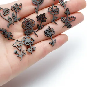 Black stainless steel birth month flower charms DIY jewelry pendants for women necklace bracelet