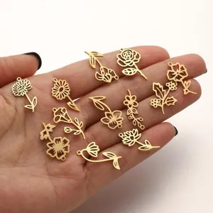 Stainless steel birth flower charms, minimalist floral DIY pendant jewelry findings for women.