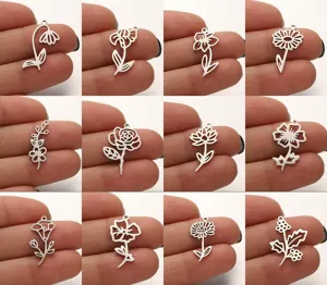 Stainless steel birth month flower charms detail view, DIY jewelry making pendants, silver.
